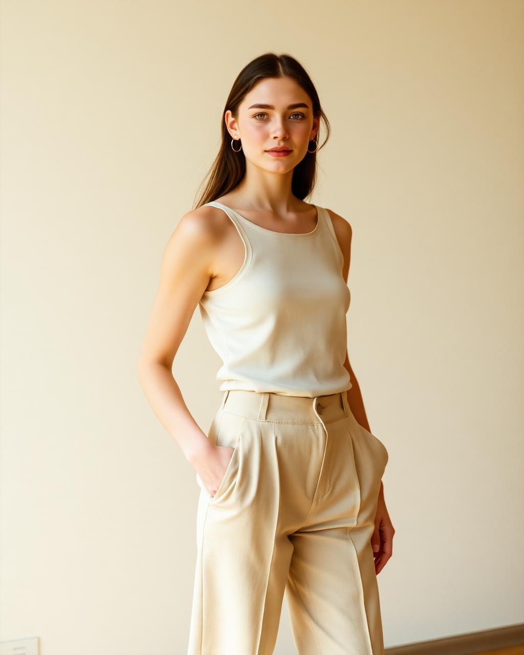 Woman in neutral tank top and trousers